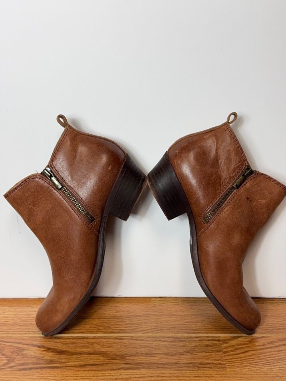Lucky Brand Basel Leather Ankle Booties Women's 8.5 Brown Side Zip Block Heel - Picture 5 of 14